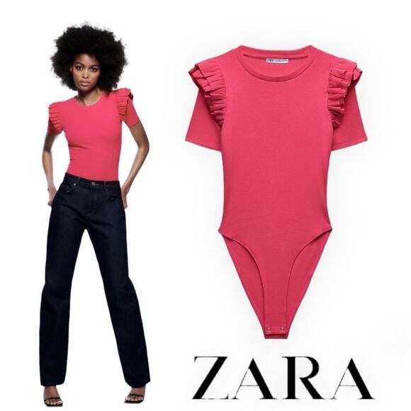 ZARA | Fuchsia | RUFFLED RIB BODYSUIT - Picture 1 of 9